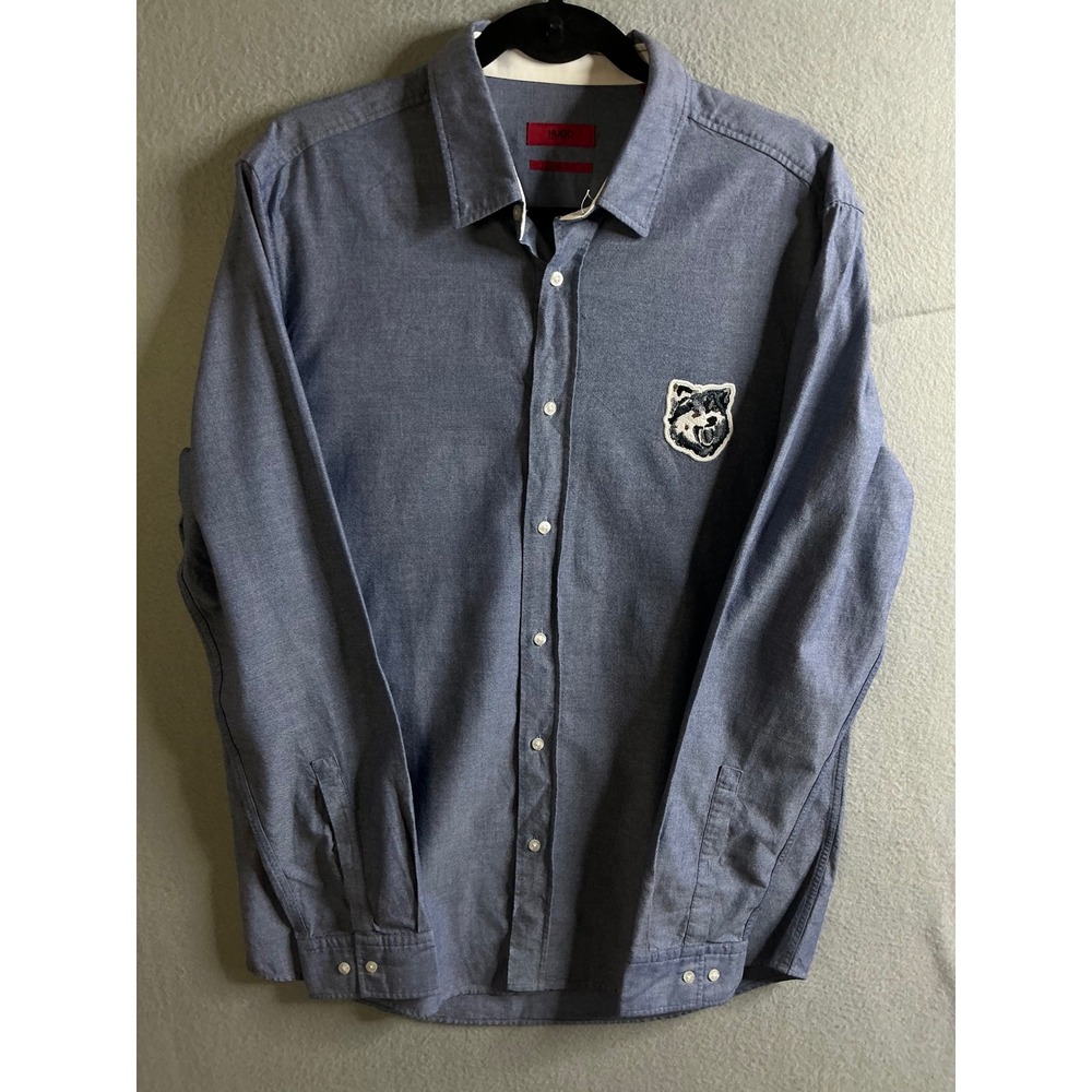 HUGO Button Down Men's Large Shirt Dog Patch Long‎ Sleeve Casual Straight Fit